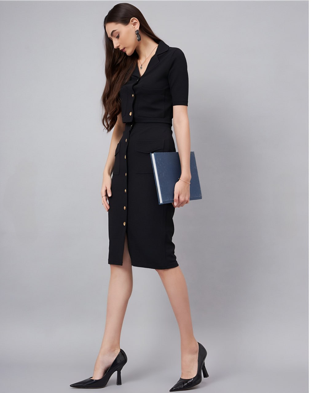 Women's Black Co-Ord Set with Gold Button Detailing – Cropped Shirt & High-Waist Skirt