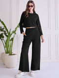 Women's Black Two-Piece Lounge Set - Long Sleeve Crop Top & Wide-Leg Pants