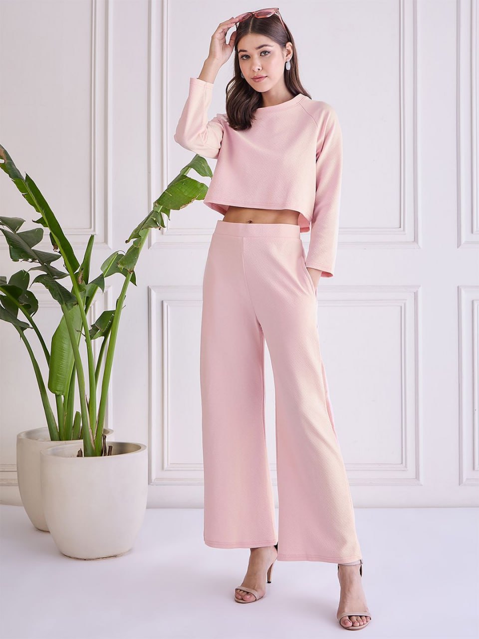 Women's Peach Two-Piece Lounge Set - Long Sleeve Crop Top & Wide-Leg Pants