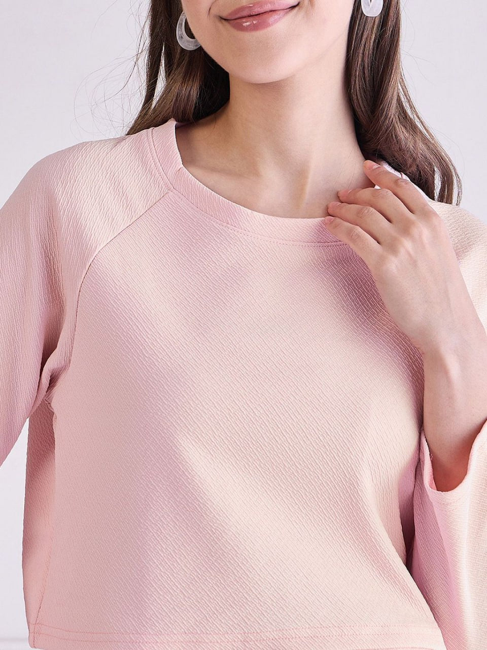 Women's Peach Two-Piece Lounge Set - Long Sleeve Crop Top & Wide-Leg Pants